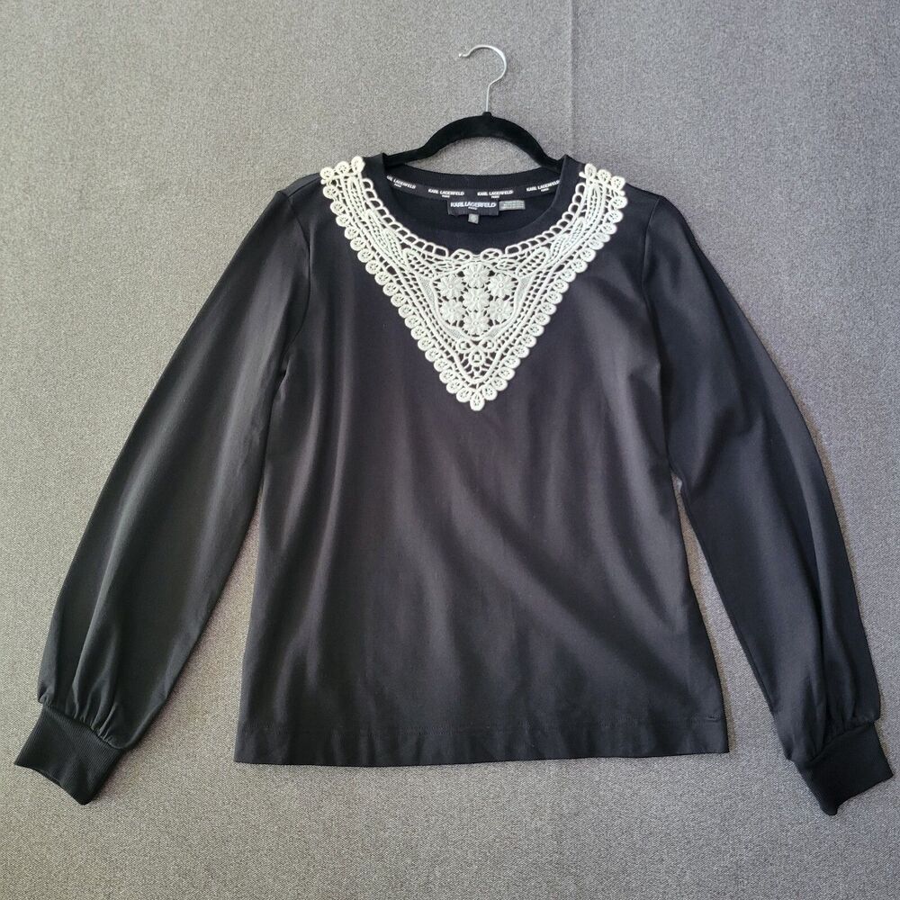 Karl Lagerfeld XS Black White Crochet Neckline Long-sleeved Shirt Blouse 826